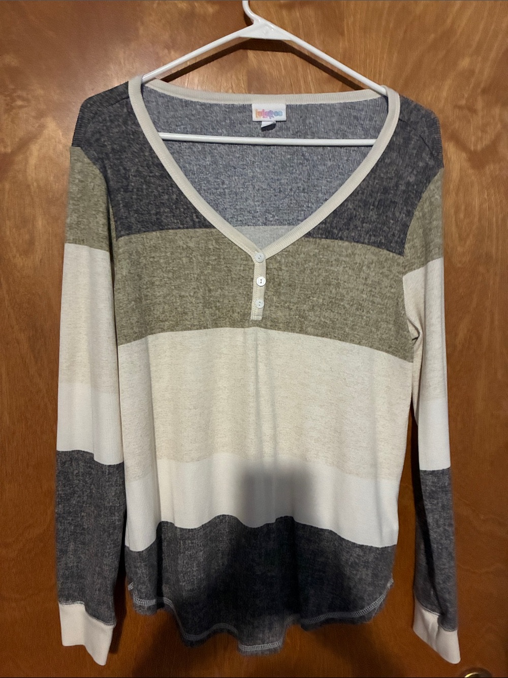 LuLaRoe Striped V-Neck Long Sleeve Top in Cream, Olive & Charcoal
